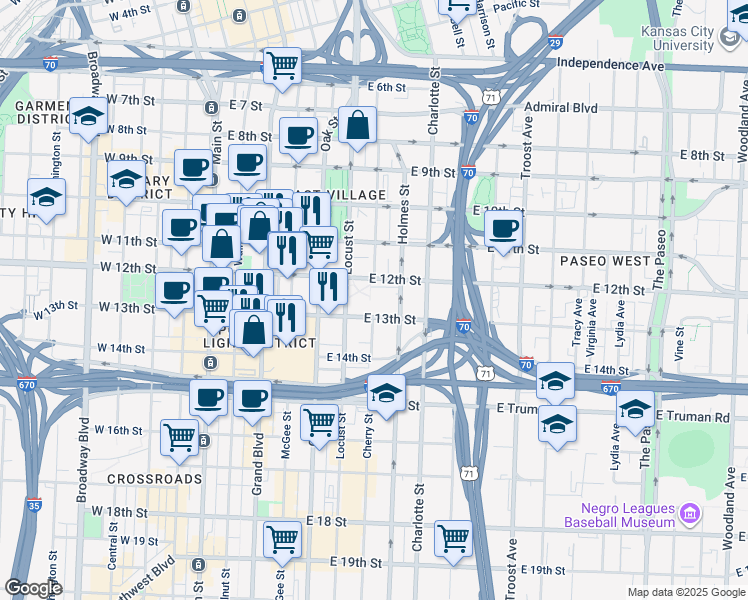 map of restaurants, bars, coffee shops, grocery stores, and more near 601 East 12th Street in Kansas City