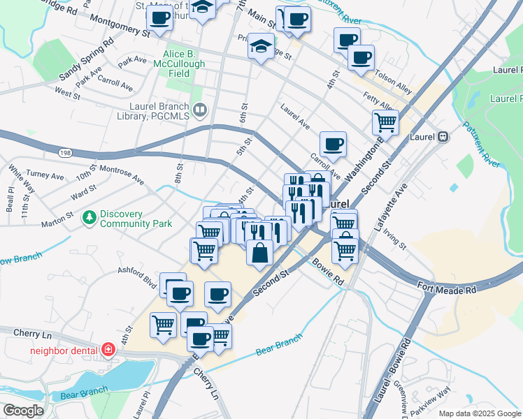 map of restaurants, bars, coffee shops, grocery stores, and more near 321 Thomas Drive in Laurel