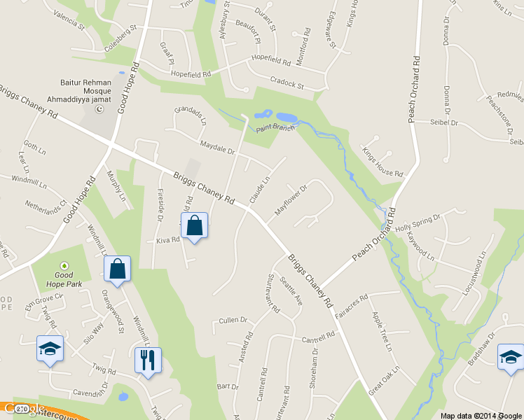 map of restaurants, bars, coffee shops, grocery stores, and more near 1804 Briggs Chaney Road in Silver Spring