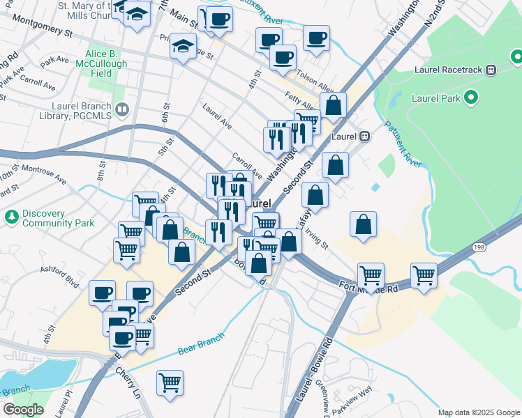 map of restaurants, bars, coffee shops, grocery stores, and more near 200 Talbott Avenue in Laurel