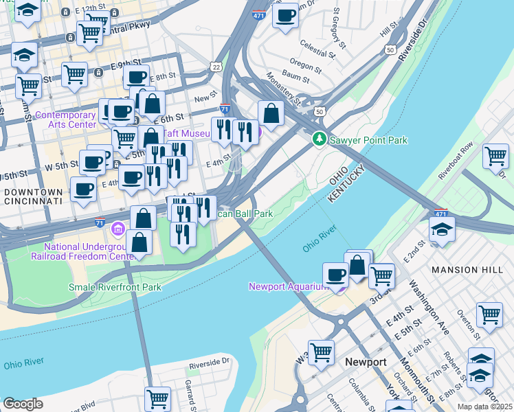 map of restaurants, bars, coffee shops, grocery stores, and more near 472 East Pete Rose Way in Cincinnati