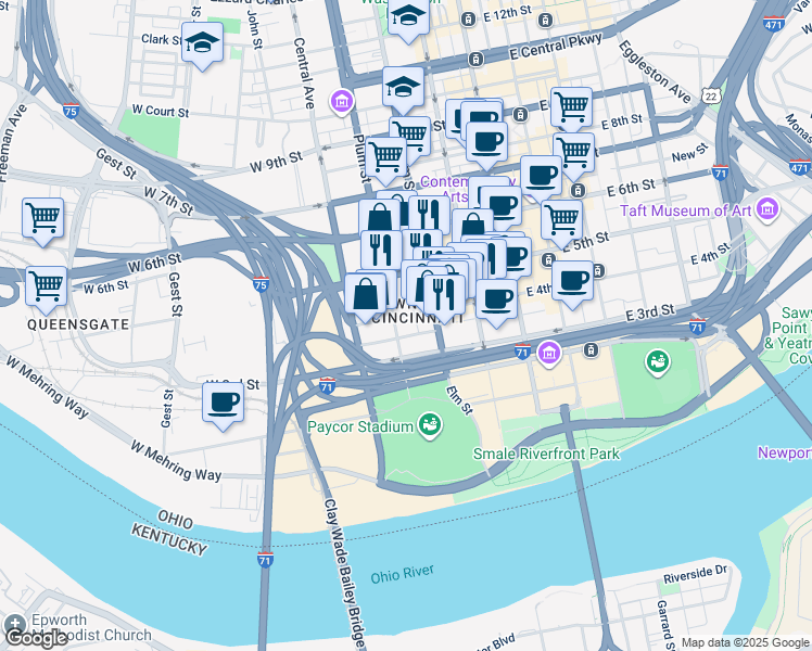 map of restaurants, bars, coffee shops, grocery stores, and more near 305 West 4th Street in Cincinnati