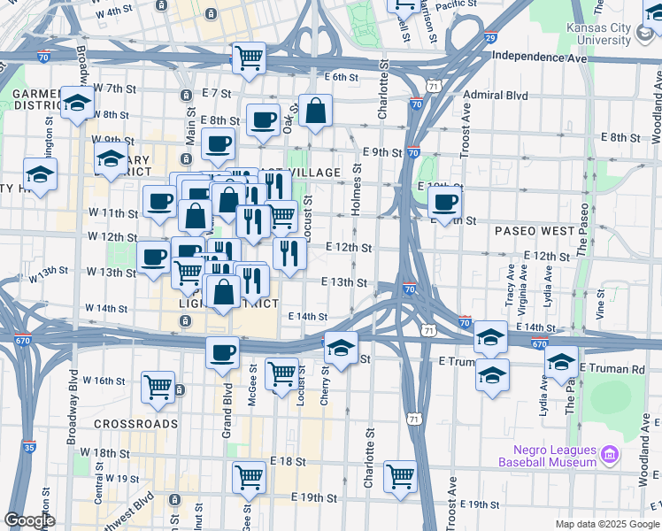map of restaurants, bars, coffee shops, grocery stores, and more near 601 East 12th Street in Kansas City