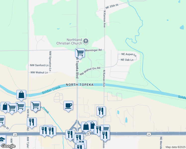 map of restaurants, bars, coffee shops, grocery stores, and more near 212 Northwest Redbud Circle in Topeka