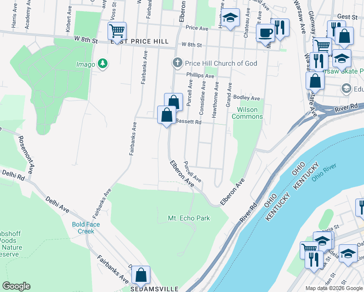 map of restaurants, bars, coffee shops, grocery stores, and more near 439 Purcell Avenue in Cincinnati
