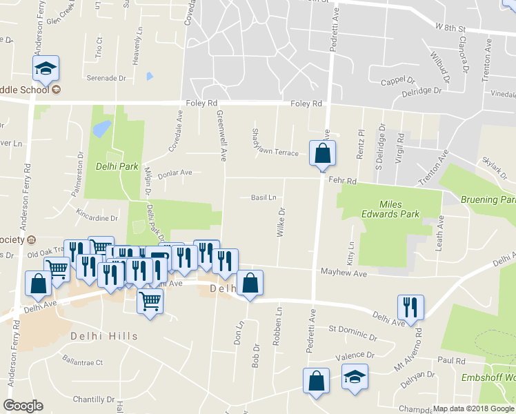 map of restaurants, bars, coffee shops, grocery stores, and more near 4747 Basil Lane in Cincinnati