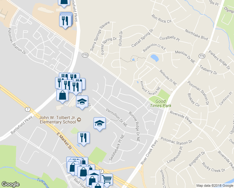 map of restaurants, bars, coffee shops, grocery stores, and more near 703 Mount Holly Place Northeast in Leesburg
