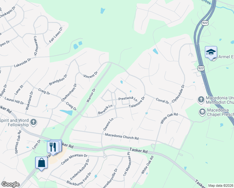 map of restaurants, bars, coffee shops, grocery stores, and more near 210 London Downs Circle in Stephens City