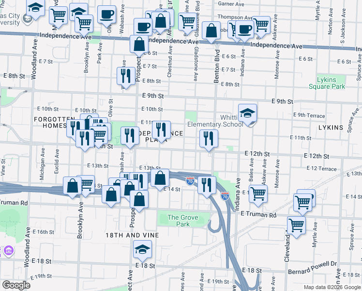 map of restaurants, bars, coffee shops, grocery stores, and more near 2912 East 12th Street in Kansas City