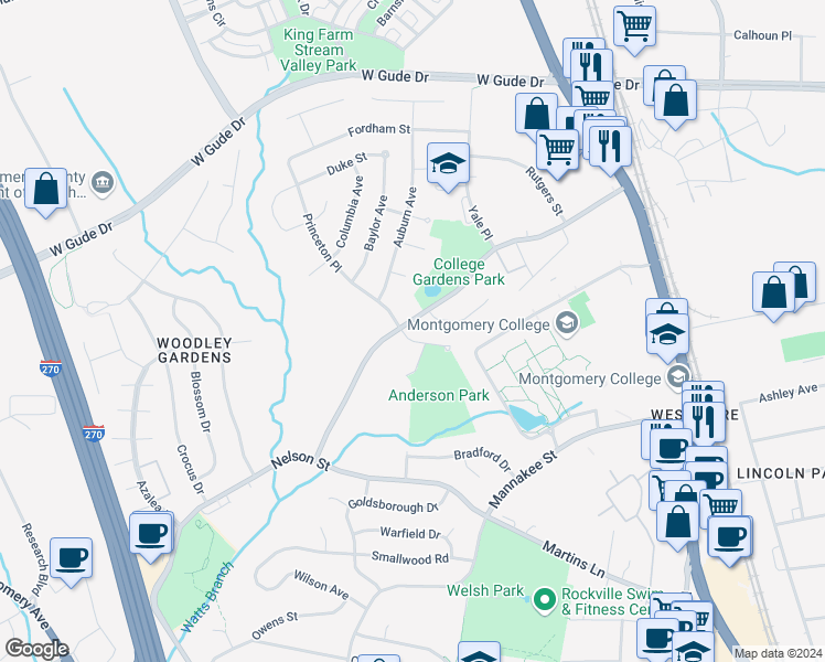 map of restaurants, bars, coffee shops, grocery stores, and more near 698 College Parkway in Rockville