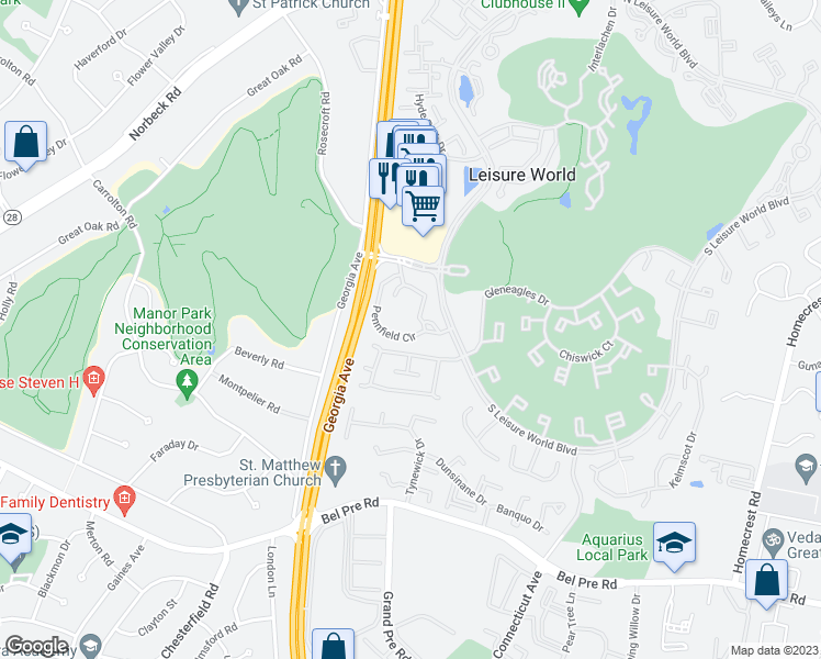 map of restaurants, bars, coffee shops, grocery stores, and more near 14805 Pennfield Circle in Silver Spring