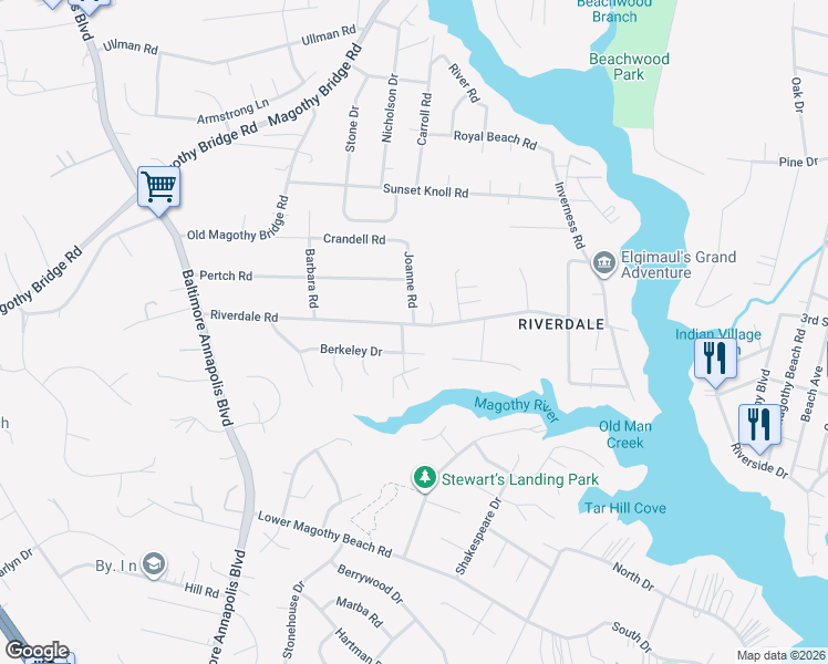 map of restaurants, bars, coffee shops, grocery stores, and more near 303 Riverdale Road in Severna Park