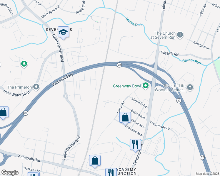 map of restaurants, bars, coffee shops, grocery stores, and more near 8274 Lokus Road in Odenton