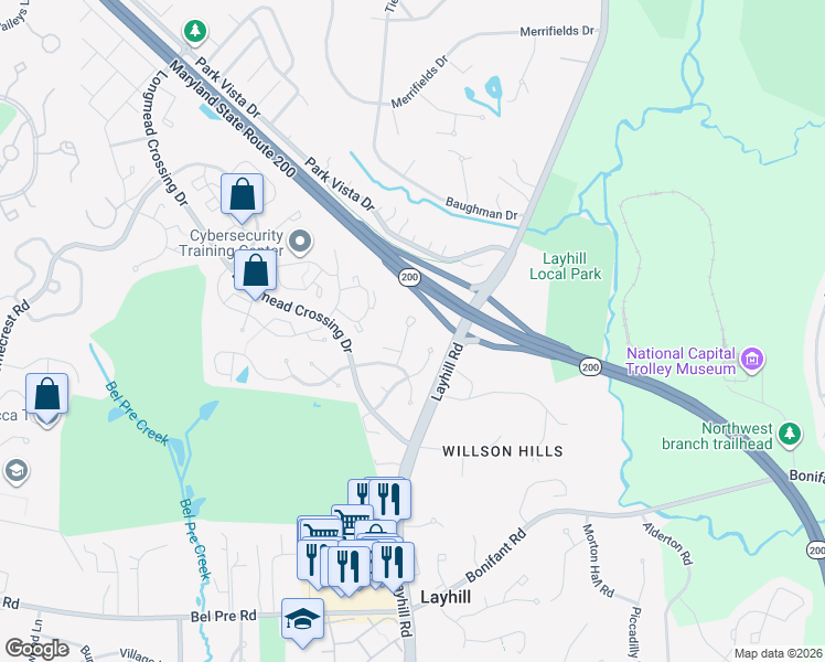 map of restaurants, bars, coffee shops, grocery stores, and more near 14927 Carriage Square Drive in Silver Spring