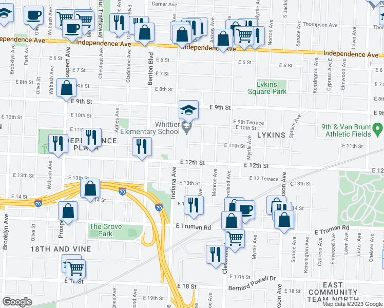 map of restaurants, bars, coffee shops, grocery stores, and more near 1115 Bales Avenue in Kansas City