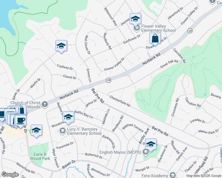 map of restaurants, bars, coffee shops, grocery stores, and more near 4817 Great Oak Road in Rockville