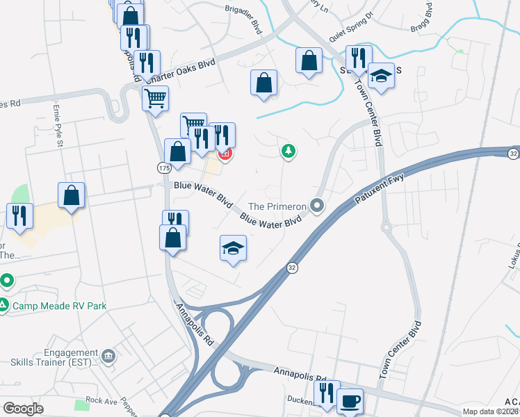 map of restaurants, bars, coffee shops, grocery stores, and more near 304 Gatehouse Lane in Odenton
