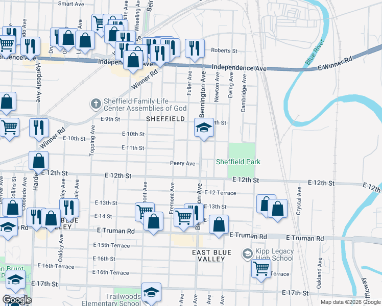 map of restaurants, bars, coffee shops, grocery stores, and more near 1017 Fuller Avenue in Kansas City