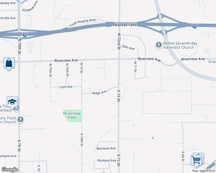 map of restaurants, bars, coffee shops, grocery stores, and more near 7226 Ridge Avenue in Kansas City