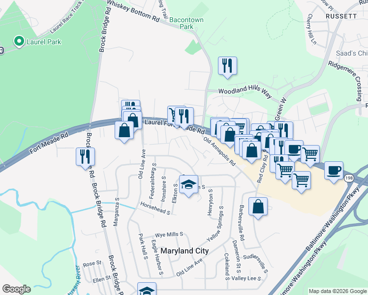 map of restaurants, bars, coffee shops, grocery stores, and more near 196 Charlotte Drive in Maryland City