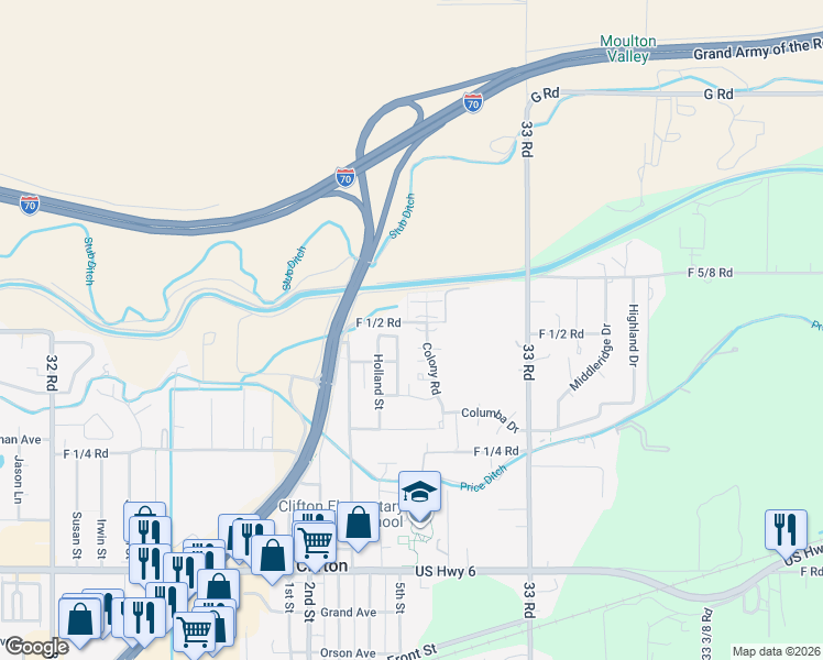 map of restaurants, bars, coffee shops, grocery stores, and more near 651 Colony Road in Clifton