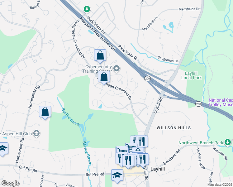 map of restaurants, bars, coffee shops, grocery stores, and more near 14801 Hammersmith Circle in Silver Spring