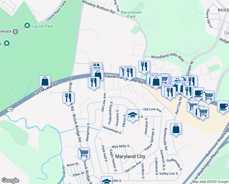 map of restaurants, bars, coffee shops, grocery stores, and more near 3519 Leslie Way in Maryland City