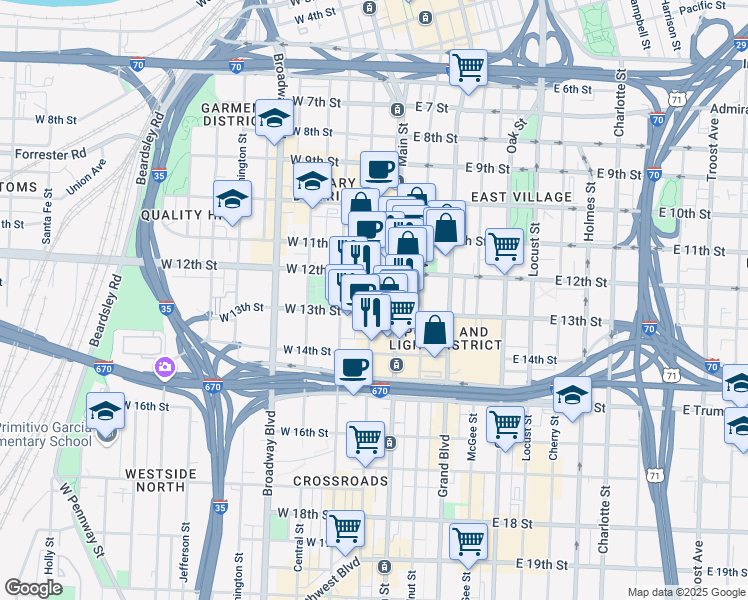 map of restaurants, bars, coffee shops, grocery stores, and more near 1221 Baltimore Avenue in Kansas City