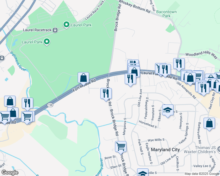map of restaurants, bars, coffee shops, grocery stores, and more near 229 Brock Bridge Road in Laurel