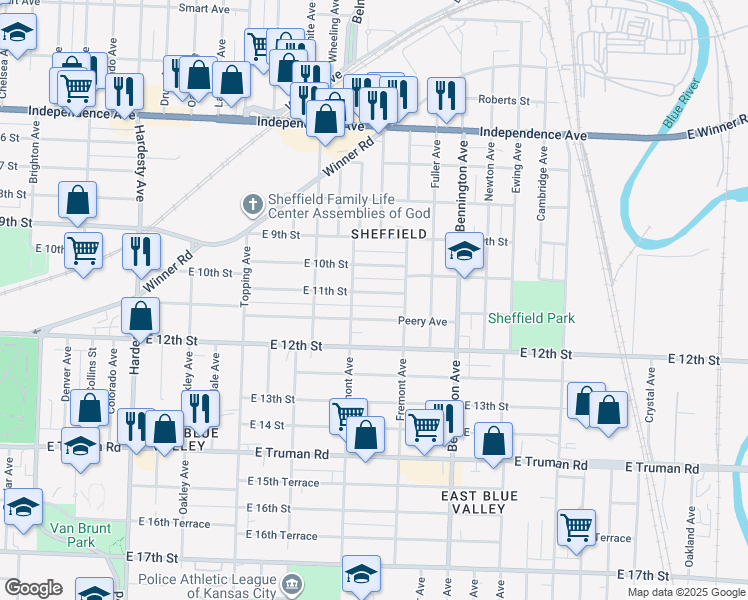 map of restaurants, bars, coffee shops, grocery stores, and more near 6219 East 11 Street in Kansas City