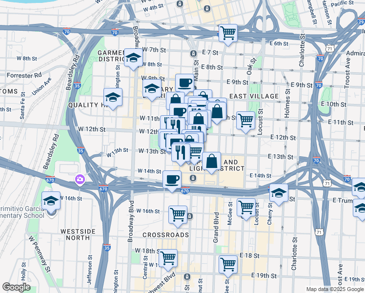 map of restaurants, bars, coffee shops, grocery stores, and more near 1221 Baltimore Avenue in Kansas City