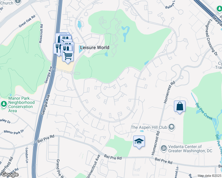 map of restaurants, bars, coffee shops, grocery stores, and more near 3398 Gleneagles Drive in Silver Spring