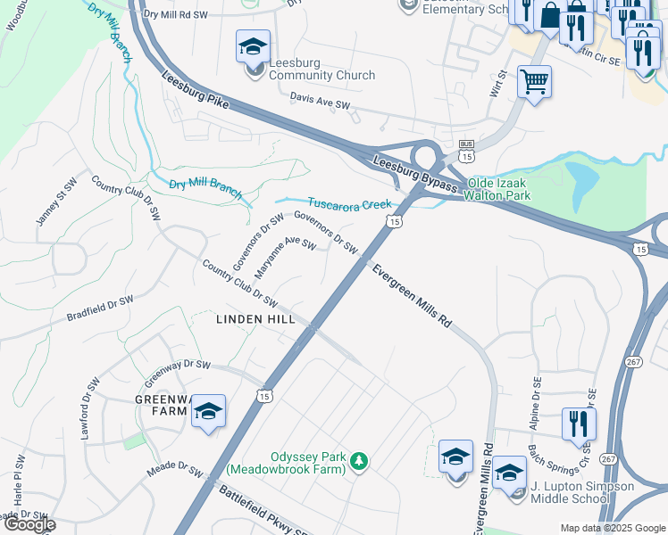 map of restaurants, bars, coffee shops, grocery stores, and more near 1010 Tuscarora Drive Southwest in Leesburg