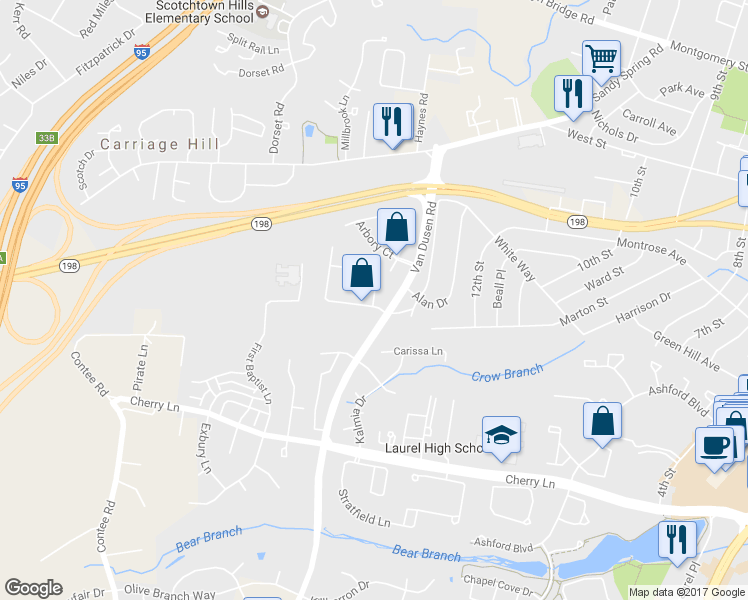map of restaurants, bars, coffee shops, grocery stores, and more near 7614 East Arbory Court in Laurel