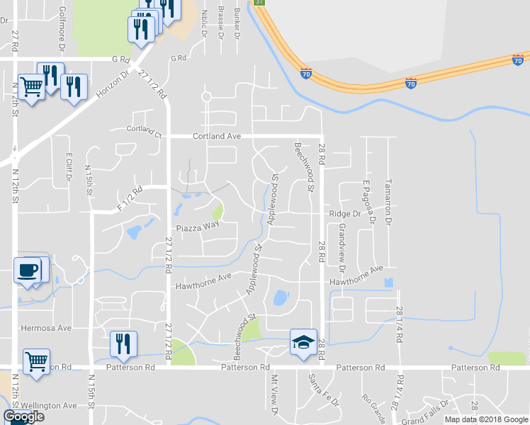 map of restaurants, bars, coffee shops, grocery stores, and more near 2580 Ridge Drive in Grand Junction