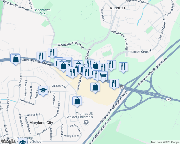 map of restaurants, bars, coffee shops, grocery stores, and more near 3388 Laurel Fort Meade Road in Laurel