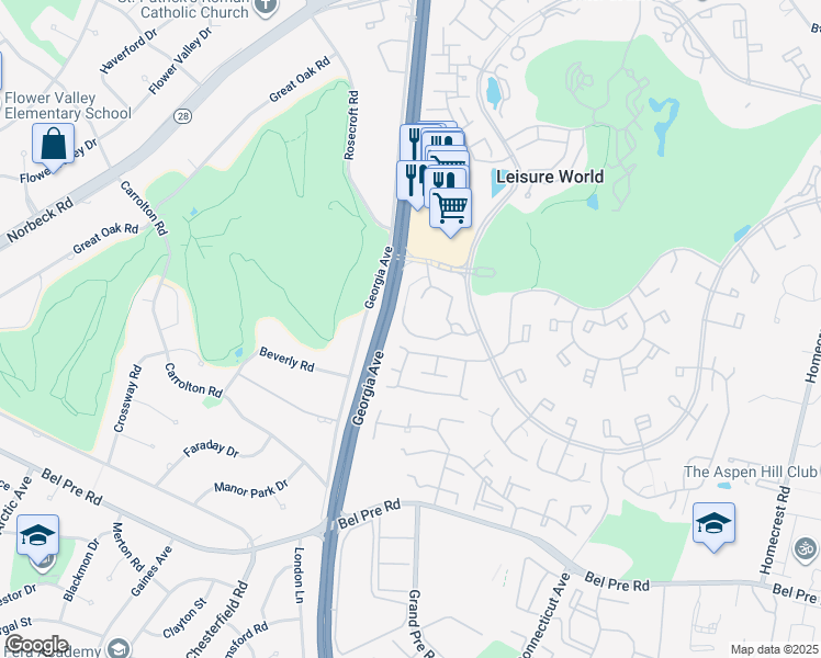 map of restaurants, bars, coffee shops, grocery stores, and more near 14809 Pennfield Circle in Silver Spring