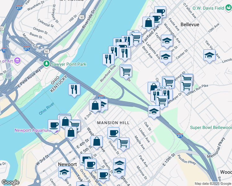 map of restaurants, bars, coffee shops, grocery stores, and more near 631 3rd Street in Newport