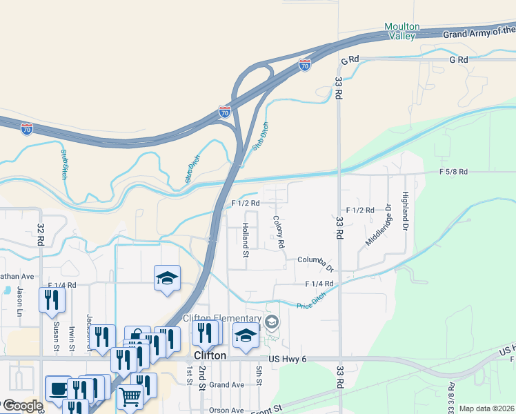 map of restaurants, bars, coffee shops, grocery stores, and more near 651 Colony Road in Clifton