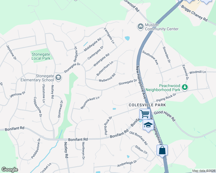 map of restaurants, bars, coffee shops, grocery stores, and more near 45 Stonegate Drive in Silver Spring