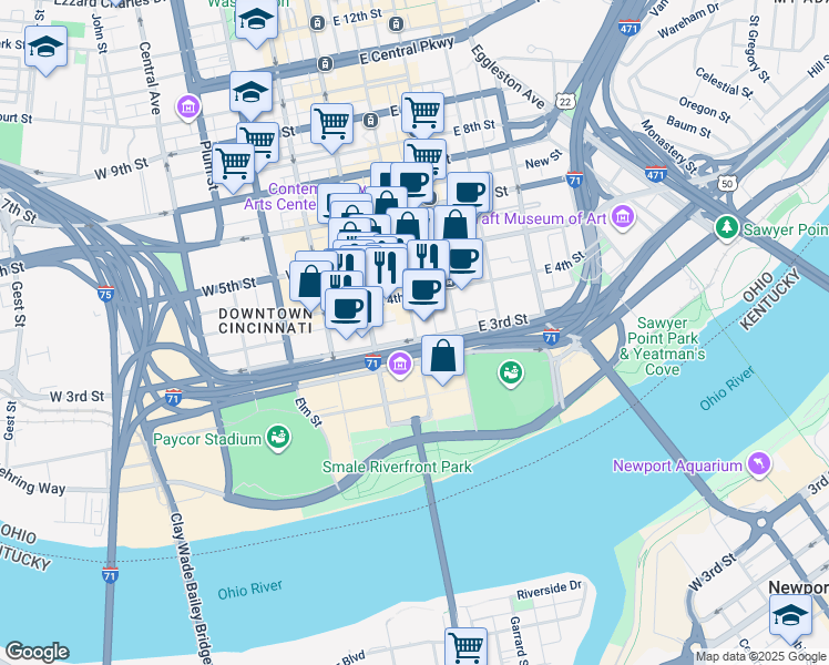 map of restaurants, bars, coffee shops, grocery stores, and more near 313 Walnut Street in Cincinnati