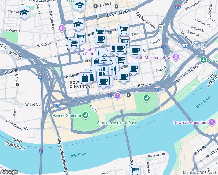 map of restaurants, bars, coffee shops, grocery stores, and more near 309 Vine Street in Cincinnati