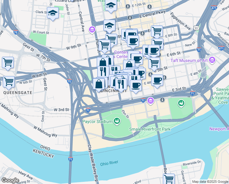 map of restaurants, bars, coffee shops, grocery stores, and more near in Cincinnati