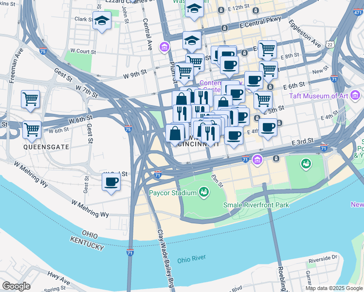 map of restaurants, bars, coffee shops, grocery stores, and more near 305 West 4th Street in Cincinnati