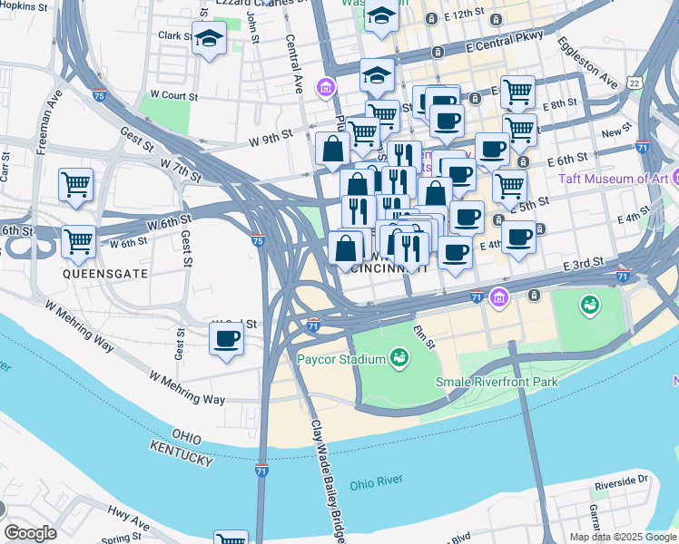 map of restaurants, bars, coffee shops, grocery stores, and more near 713 West 4th Street in Cincinnati