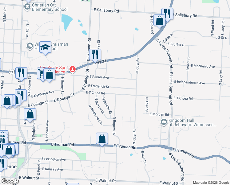 map of restaurants, bars, coffee shops, grocery stores, and more near 1134 East T C Lea Road in Independence