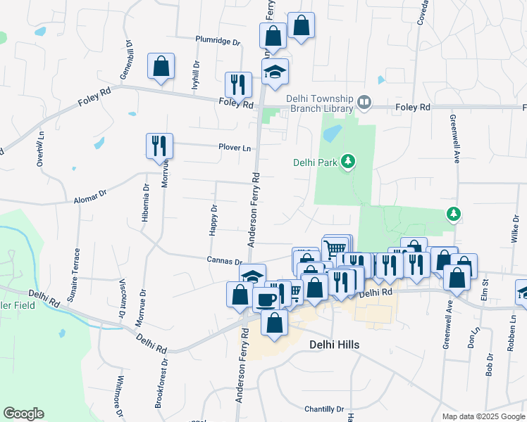 map of restaurants, bars, coffee shops, grocery stores, and more near 502 Anderson Ferry Road in Cincinnati