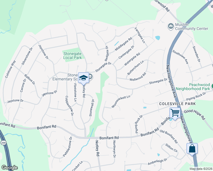 map of restaurants, bars, coffee shops, grocery stores, and more near 14816 Stonegate Terrace in Silver Spring