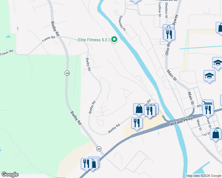 map of restaurants, bars, coffee shops, grocery stores, and more near 124 Heiner Heights Drive in Lawrenceburg