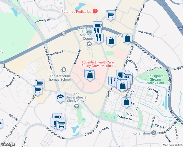 map of restaurants, bars, coffee shops, grocery stores, and more near 9715 Medical Center Drive in Rockville